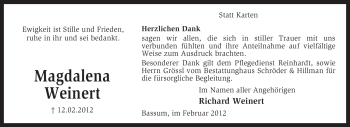 Traueranzeige von Magdalena Weinert von KREISZEITUNG SYKE