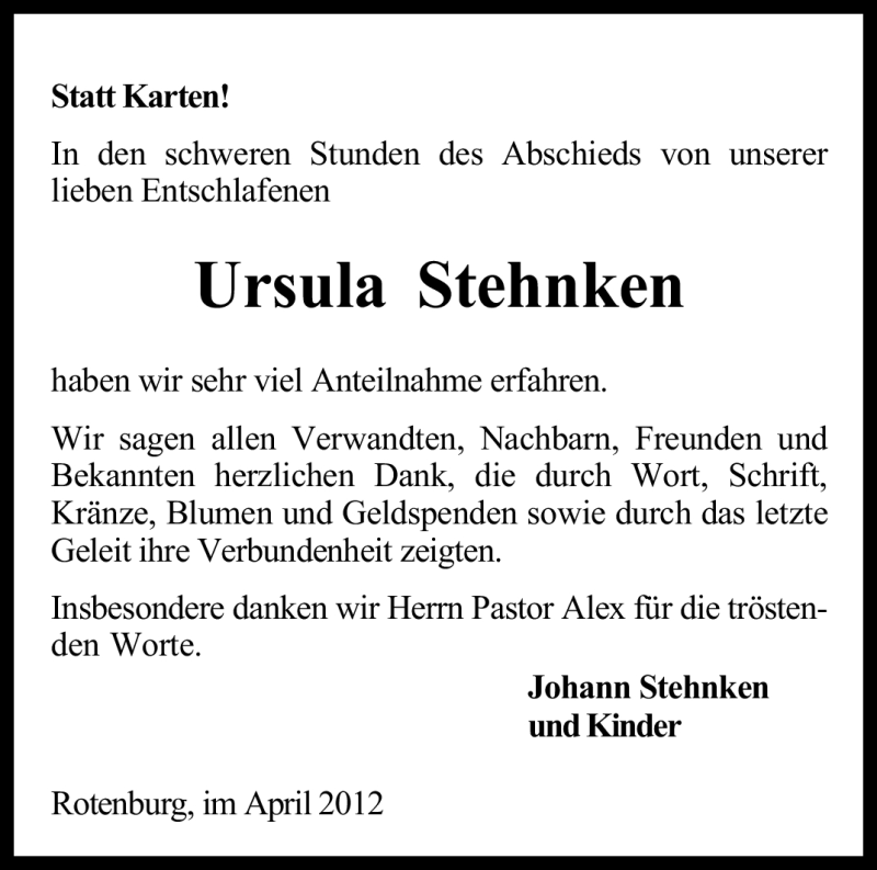  Traueranzeige für Ursula Stehnken vom 05.04.2012 aus KREISZEITUNG SYKE