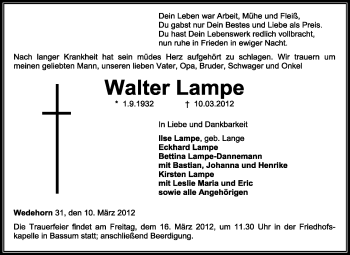 Traueranzeige von Walter Lampe von KREISZEITUNG SYKE