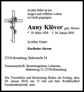 Traueranzeige von Anny Klöver von KREISZEITUNG SYKE