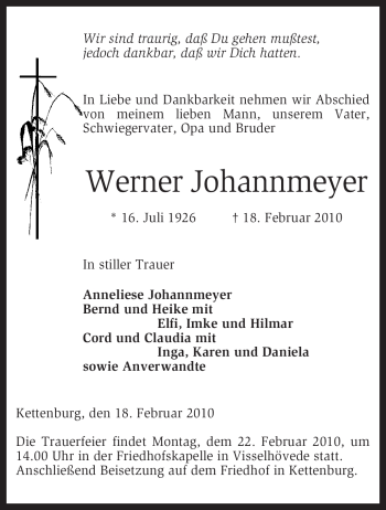 Traueranzeige von Werner Johannmeyer von KREISZEITUNG SYKE