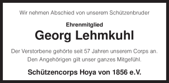 Traueranzeige von Georg Lehmkuhl von KREISZEITUNG SYKE