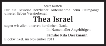 Traueranzeige von Thea Israel von KREISZEITUNG SYKE