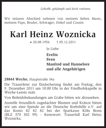 Traueranzeige von Karl Heinz Woznicka von KREISZEITUNG SYKE