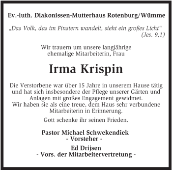 Traueranzeige von Irma Krispin von KREISZEITUNG SYKE
