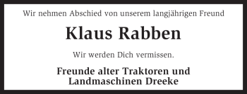 Traueranzeige von Klaus Rabben von KREISZEITUNG SYKE