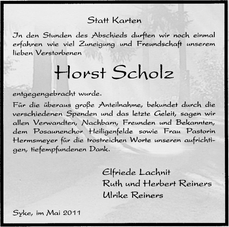  Traueranzeige für Horst Scholz vom 28.05.2011 aus KREISZEITUNG SYKE