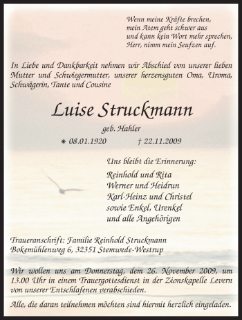 Traueranzeige von Luise Struckmann von KREISZEITUNG SYKE