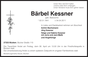 Traueranzeige von Bärbel Kessner von KREISZEITUNG SYKE