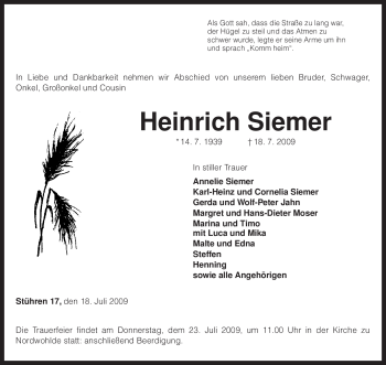 Traueranzeige von Heinrich Siemer von KREISZEITUNG SYKE