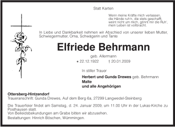 Traueranzeige von Elfriede Behrmann von KREISZEITUNG SYKE