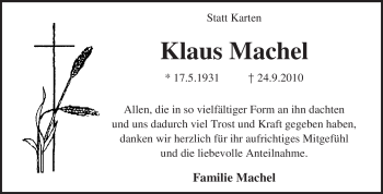 Traueranzeige von Klaus Machel von KREISZEITUNG SYKE