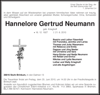 Traueranzeige von Hannelore Gertrud Neumann von KREISZEITUNG SYKE