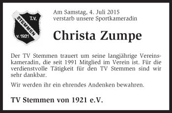 Traueranzeige von Christa Zumpe von KRZ