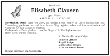 Traueranzeige von Elisabeth Clausen von KREISZEITUNG SYKE