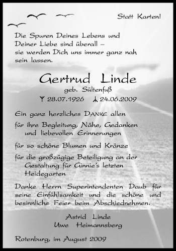 Traueranzeige von Gertrud Linde von KREISZEITUNG SYKE