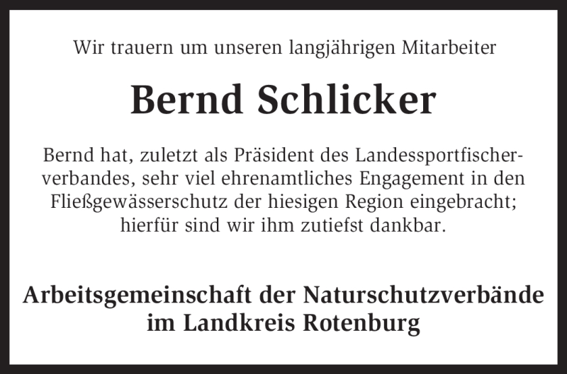  Traueranzeige für Bernd Schlicker vom 09.11.2010 aus KREISZEITUNG SYKE