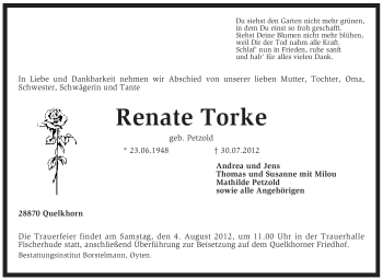 Traueranzeige von Renate Torke von KREISZEITUNG SYKE