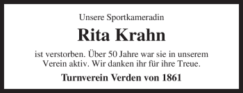 Traueranzeige von Rita Krahn von KREISZEITUNG SYKE