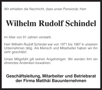 Traueranzeige von Wilhelm Rudolf Schindel von KREISZEITUNG SYKE