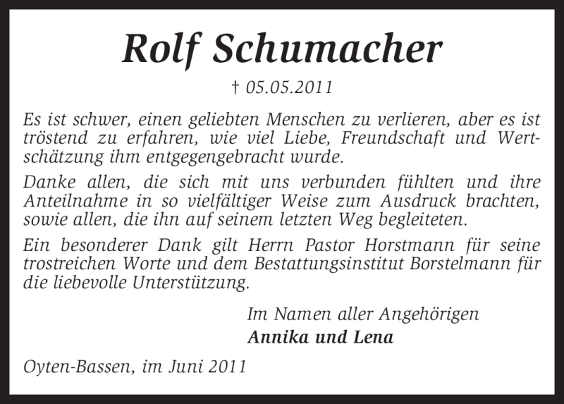  Traueranzeige für Rolf Schumacher vom 08.06.2011 aus KREISZEITUNG SYKE