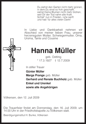Traueranzeige von Hanna Müller von KREISZEITUNG SYKE
