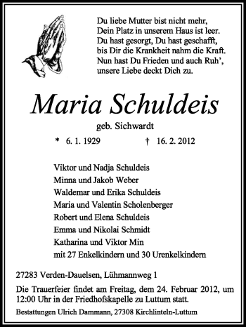 Traueranzeige von Maria Schuldeis von KREISZEITUNG SYKE