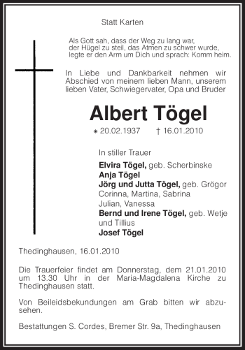 Traueranzeige von Albert Tögel von KREISZEITUNG SYKE