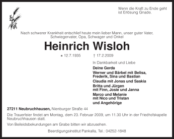 Traueranzeige von Heinrich Wisloh von KREISZEITUNG SYKE