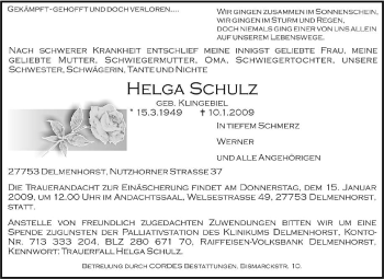 Traueranzeige von Helga Schulz von KREISZEITUNG SYKE