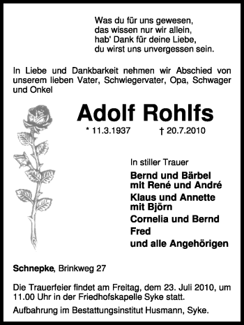 Traueranzeige von Adolf Rohlfs von KREISZEITUNG SYKE