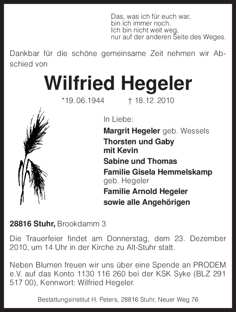  Traueranzeige für Wilfried Hegeler vom 20.12.2010 aus KREISZEITUNG SYKE