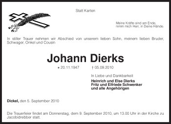 Traueranzeige von Johann Dierks von KREISZEITUNG SYKE