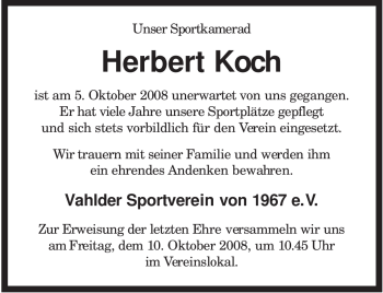 Traueranzeige von Herbert Koch von KREISZEITUNG SYKE