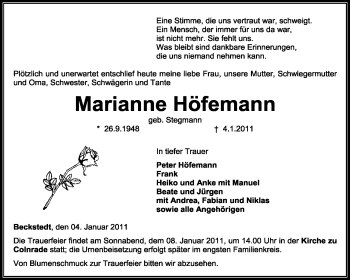 Traueranzeige von Marianne Höfemann von KREISZEITUNG SYKE