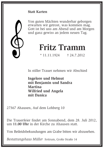 Traueranzeige von Fritz Tramm von KREISZEITUNG SYKE