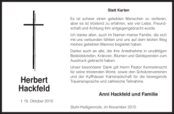 Traueranzeige von Herbert Hackfeld von KREISZEITUNG SYKE