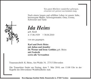 Traueranzeige von Ida Heins von KREISZEITUNG SYKE