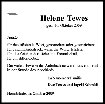 Traueranzeige von Helene Tewes von KREISZEITUNG SYKE