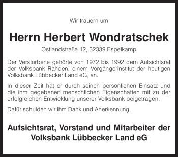 Traueranzeige von Herbert Wondratschek von KREISZEITUNG SYKE