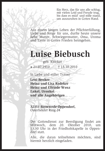 Traueranzeige von Luise Biebusch von KREISZEITUNG SYKE