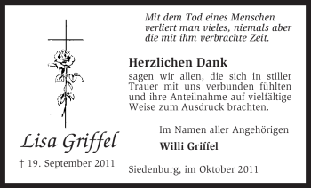 Traueranzeige von Lisa Griffel von KREISZEITUNG SYKE