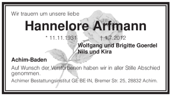 Traueranzeige von Hannelore Arfmann von KREISZEITUNG SYKE
