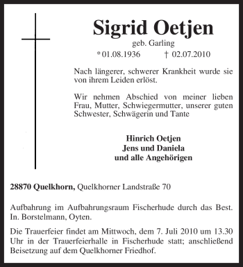 Traueranzeige von Sigrid Oetjen von KREISZEITUNG SYKE