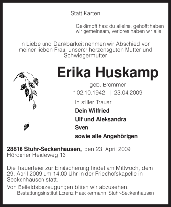 Traueranzeige von Erika Huskamp von KREISZEITUNG SYKE