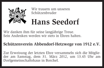 Traueranzeige von Hans Seedorf von KREISZEITUNG SYKE