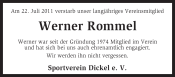 Traueranzeige von Werner Rommel von KREISZEITUNG SYKE