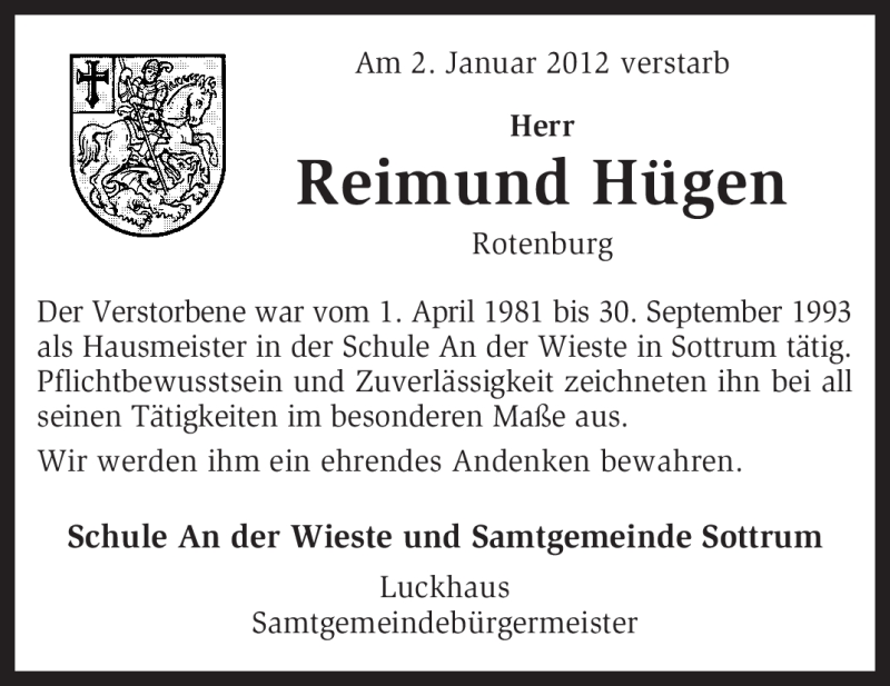  Traueranzeige für Reimund Hügen vom 13.01.2012 aus KREISZEITUNG SYKE