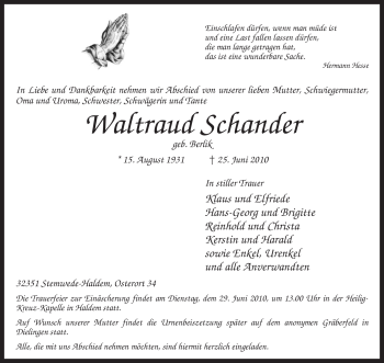 Traueranzeige von Waltraud Schander von KREISZEITUNG SYKE