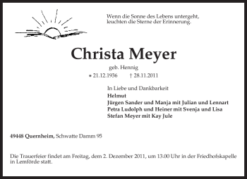 Traueranzeige von Christa Meyer von KREISZEITUNG SYKE